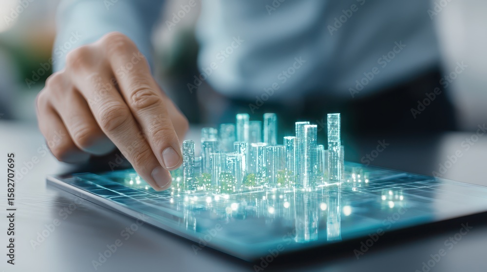 Poster engineer technician hologram concept. interactive digital city model displayed on a tablet with a ha
