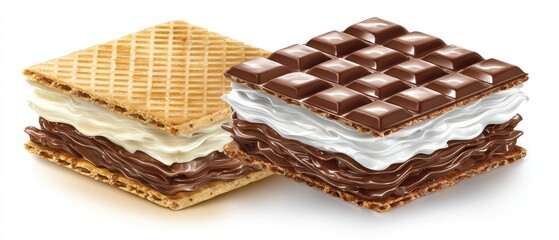 Two square wafer treats, one topped with milk chocolate, both layered with creamy filling and chocolate