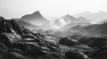 Obraz premium Misty mountain landscape in black and white with rugged terrain