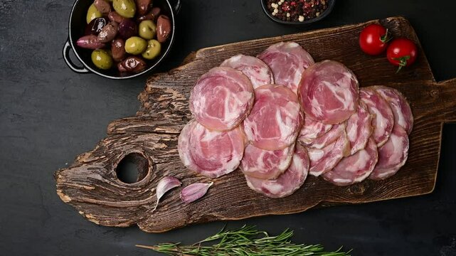 Italian sliced coppa capocollo on rustic board with olives and herbs
