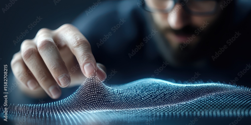 Poster engineer technician hologram concept. a person interacting with a dynamic, textured surface in a hig