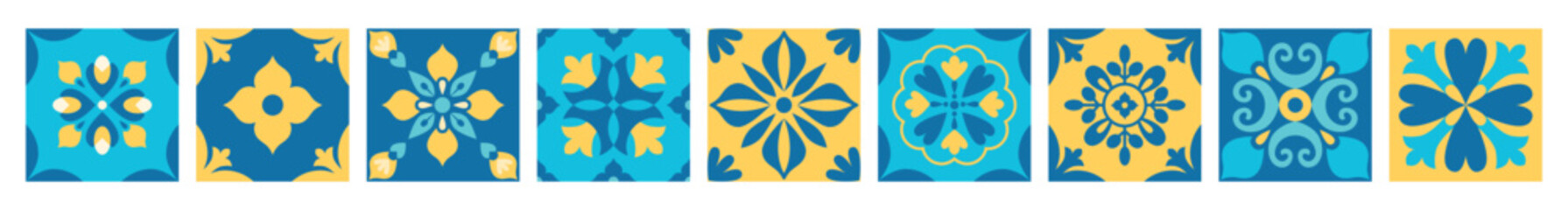 Mediterranean geometric border. Floral arabesque, ornament. Italian, Portuguese, Spanish blue and yellow tiles in traditional style. Wall and floor interior design. Mosaic. Vector.