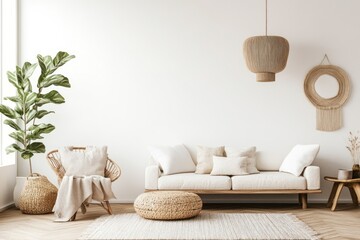 Clean design room with scattered decor, soft wooden accents and copy space on wall