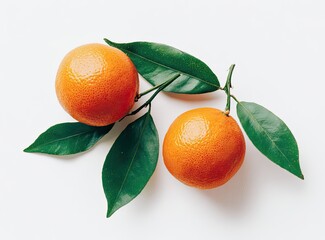Two vibrant oranges, glistening, attached to a stem with lush green leaves, rest on a stark white background