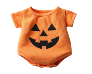 Orange baby onesie pumpkin face Halloween costume short sleeve cotton fabric isolated on white festive playful infant clothing autumn outfit