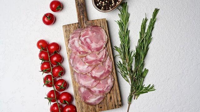 Sliced italian coppa capocollo on rustic board with fresh herbs and cherry tomatoes