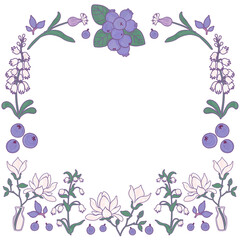 Blue berries, white flowers. Lily of the valley and blueberry. Fairy magical forest floral frame. Isolated template border in folk doodle style.