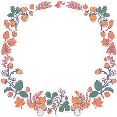 Orange leaves, red berries, strawberries. Fairy magical forest flower frame. Isolated template border in folk doodle style.