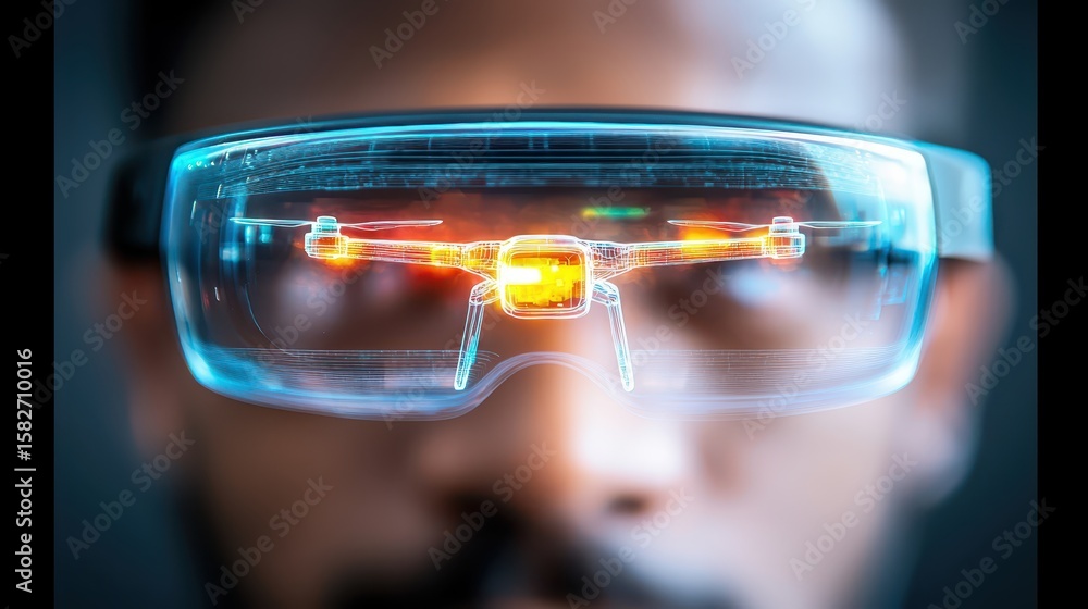 Poster engineer technician hologram concept. futuristic glasses displaying a drone interface in a dark envi