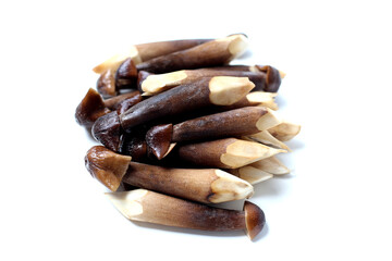 Termite mushrooms with long stems, white tips, and dark brown caps.