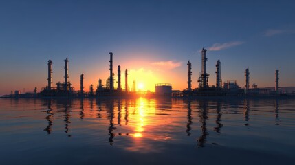 Industrial refinery silhouettes reflect on calm water at sunset, creating a dramatic and colorful sky with mirrored structures