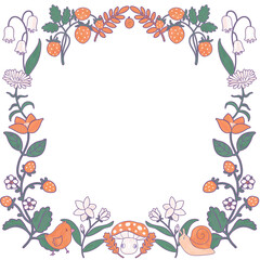 Orange leaves, white flowers, green plants. Fairy magical forest floral frame. Isolated template border in folk doodle style.