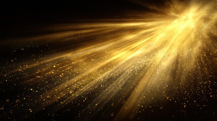 Golden light beams burst across a dark background, with glowing particles and radiant energy creating a dynamic, magical effect