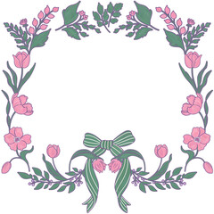 Green summer plants, pink flowers. Fairy magical forest floral frame. Isolated template border in folk doodle style.