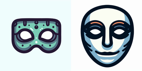 Halloween Mask. Spooky Clipart Elements Line Art Vector Illustration. October disguise face covering costume party novelty holiday adornment.