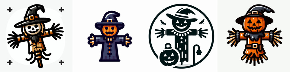 Halloween Scarecrow. Spooky Clipart Elements Line Art Vector Illustration. autumn figure festive farm decoration for a holiday terror theme.