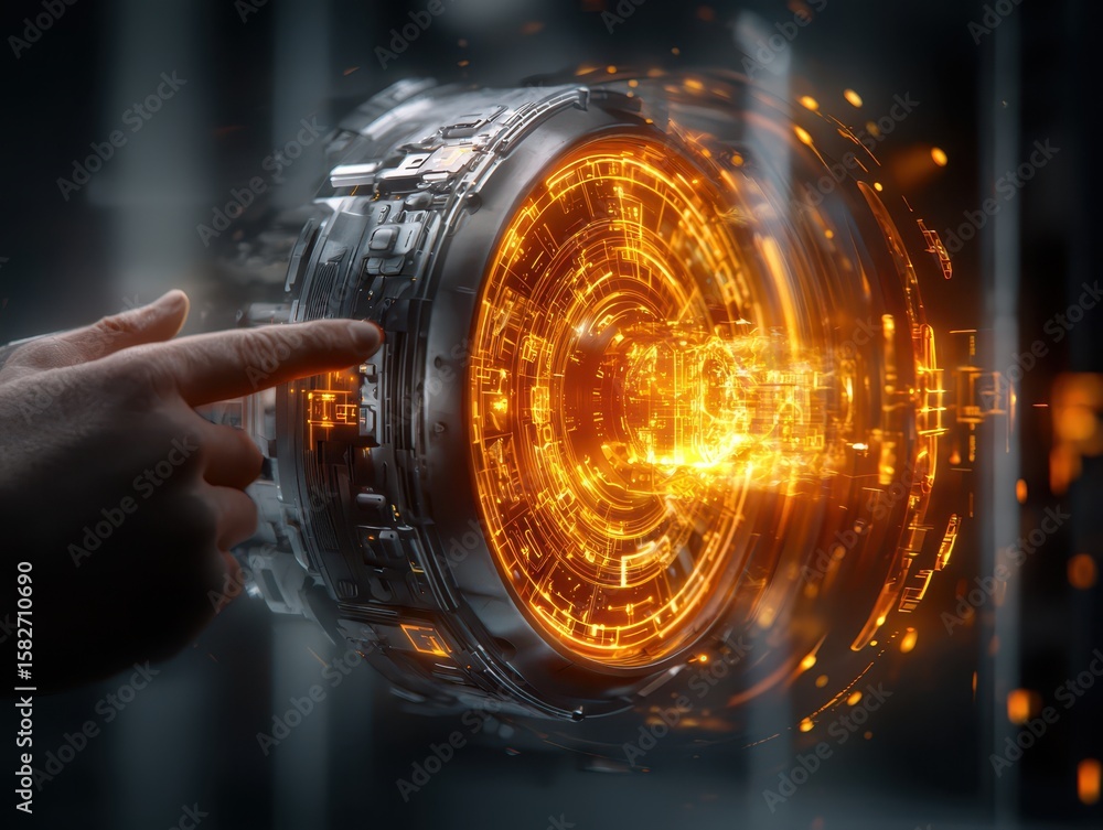 Aufkleber engineer technician hologram concept. futuristic interface with glowing elements and a hand interact