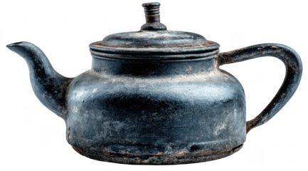 Dark, aged metal teapot with a worn, rustic finish