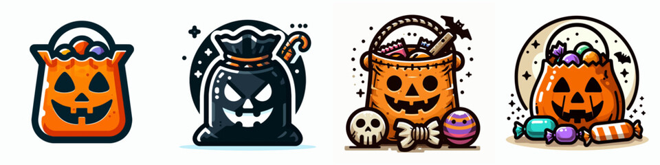 Halloween Trick or treat bag. Spooky Clipart Elements Line Art Vector Illustration. holiday candy container for children autumn harvest loot holder.