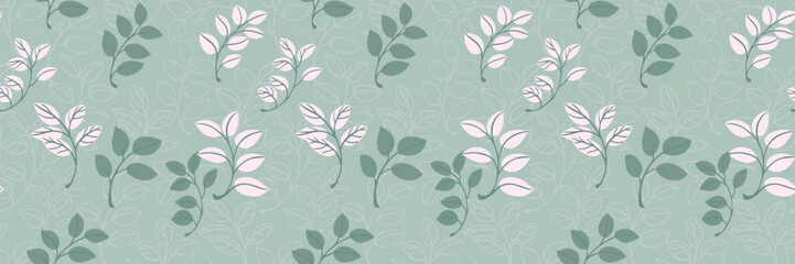 Seamless vector pattern showcasing delicate branches with green leaves on a soft mint background. Pastel print ornament for fabrics, stationery, home decor, and digital designs with a nature theme