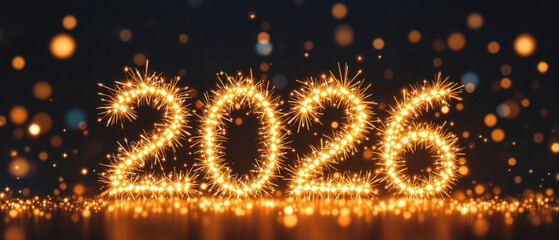 New year 2026 banner with glowing number and sparkles with copy space