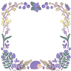 Blue berries, yellow leaves. Fairy magical forest flower frame. Isolated template border in folk doodle style.