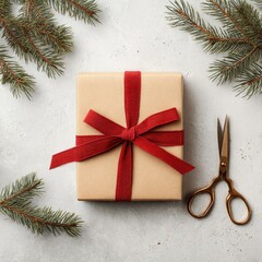 Gift wrapping flat lay: brown paper gift box, red ribbon, pine twigs, scissors, top-down composition