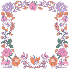 Orange berries, violet mushrooms and pink peonies. Fairy magical forest flower frame. Isolated template border in folk doodle style.