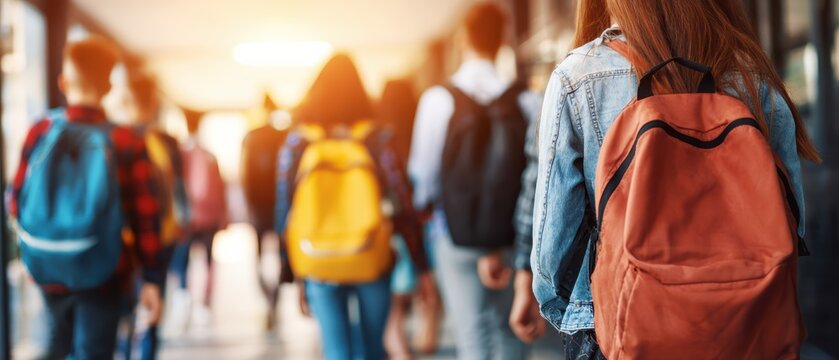 Students with backpacks walk down a sunlit school hallway, heading to classes