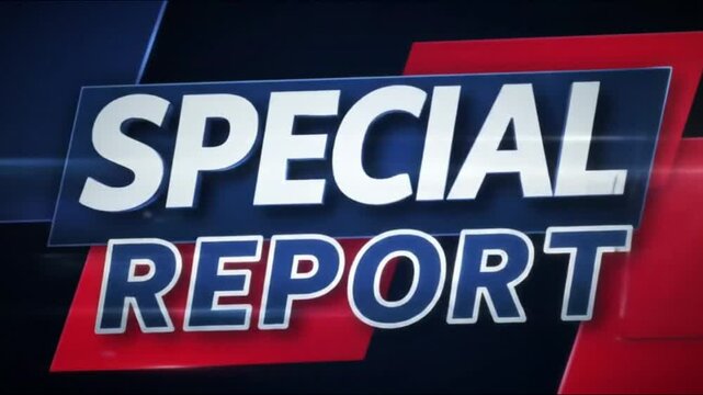 A close up view of a special report graphic with red and blue background elements