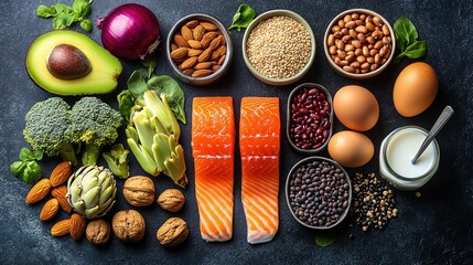 Overhead Shot of Healthy Food Ingredients: Salmon Avocado Nuts Vegetables Balanced Diet for Recipe Design