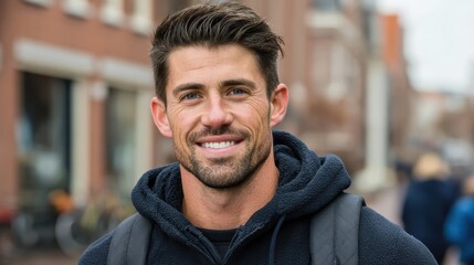 Fototapeta premium A smiling man with a beard and backpack stands outdoors in an urban setting, wearing a dark hoodie