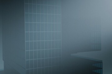 A stylized depiction of modern skyscrapers shrouded in a thick, atmospheric fog, emphasizing a...