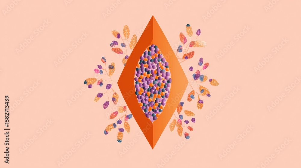 Poster stylized papaya cut into diamond shape with abstract seeds and an empty upper section on pastel back
