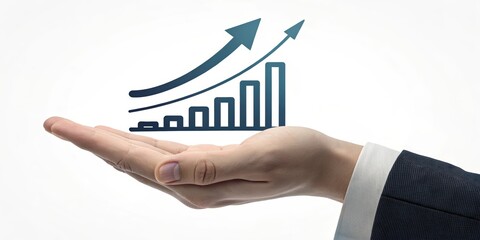 Hand holds graph icon demonstrating growth on white background for business concepts