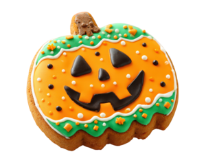 Pumpkin cookie Halloween orange icing dessert sweet festive isolated transparency background. Pumpkin cookie decorated with orange icing and black jack o lantern face festive Halloween dessert