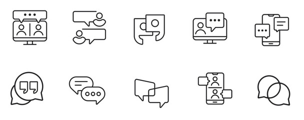 speech bubble online discussion message communication icon set digital conversation speak, talk, and quote balloon outline illustration. vector