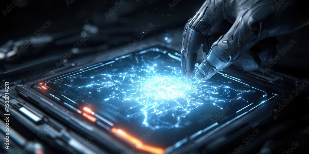 Poster engineer technician hologram concept. futuristic interface with a glowing touch and intricate design
