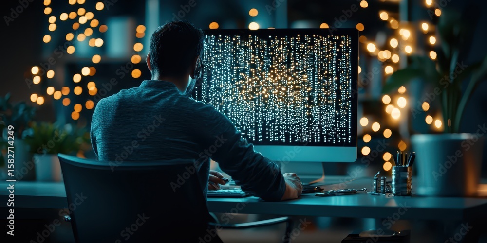 Poster engineer technician hologram concept. a person working on a computer in a dimly lit room filled with
