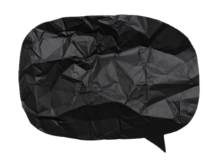 Black speech bubble crumpled paper isolated on transparent background