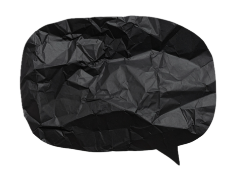 Black speech bubble crumpled paper isolated on transparent background