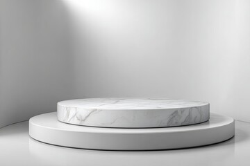 Two-tiered circular marble podium on a reflective white surface in a minimalist white room, lit by a soft light source