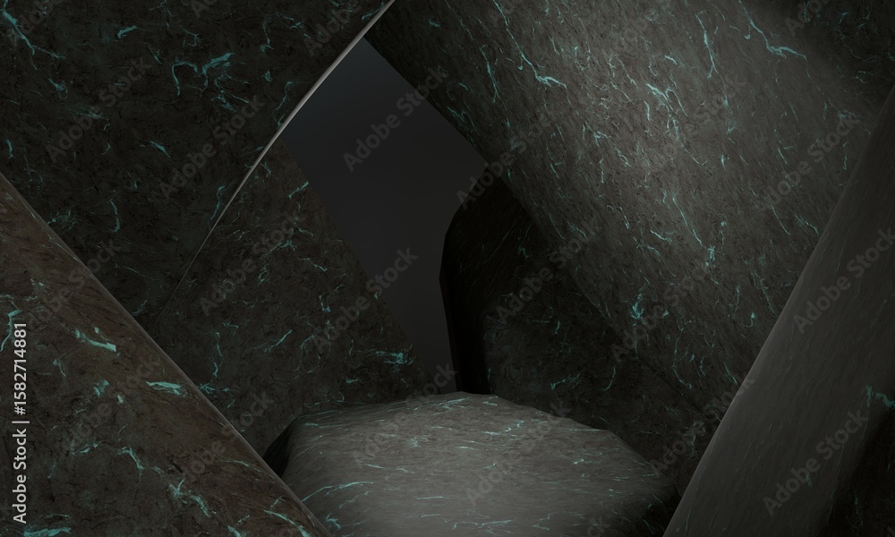 Fototapete abstract cavernous scene with a hexagonal platform at its center, composed of textured, dark-grey st
