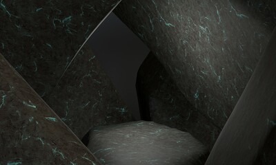 abstract cavernous scene with a hexagonal platform at its center, composed of textured, dark-grey...
