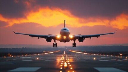 Fototapeta premium Commercial airplane landing on runway at sunset with dramatic orange sky and illuminated runway lights