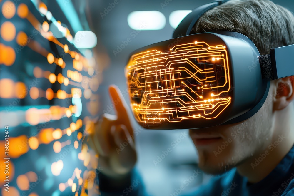 Poster engineer technician hologram concept. immersive virtual reality experience with a user interacting w