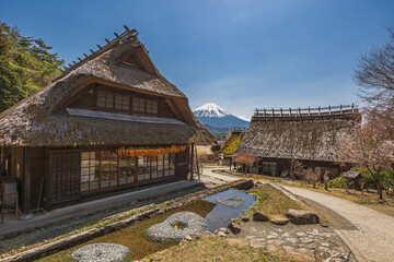 Traditional Japanese Gassho-style farmhouses in Shirakawa-go village, Gifu Prefecture, Japan, with...