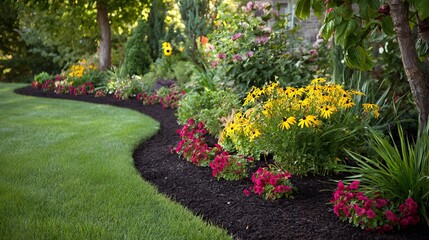 Naklejka premium A vibrant garden featuring yellow and pink flowers, lush green grass, and a curvy mulch path, creating a serene outdoor oasis.
