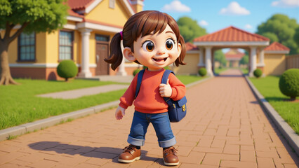 A cute little girl going to school carrying her backpack. 3D illustration style.