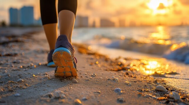 A person walks along a sandy beach at sunrise, with urban buildings blurred in the background and waves gently hitting the shore - Powered by Adobe